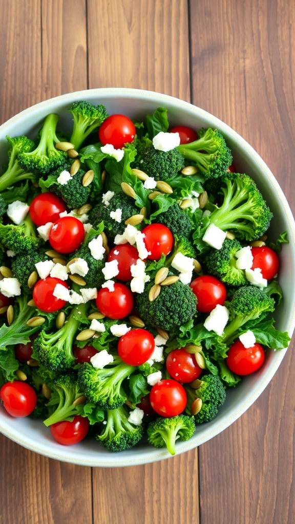 A vibrant kale and broccoli salad with cherry tomatoes, sunflower seeds, and feta cheese on a wooden table.